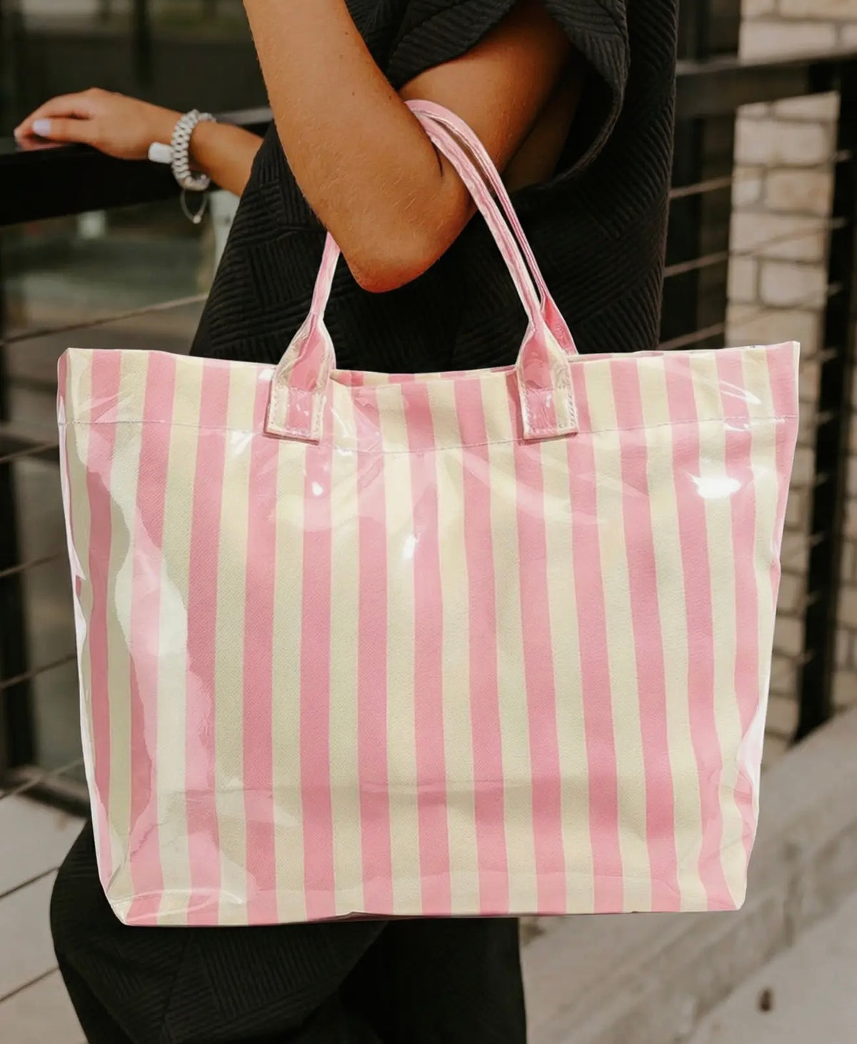 Personalized Striped Vinyl Beach Tote Bag