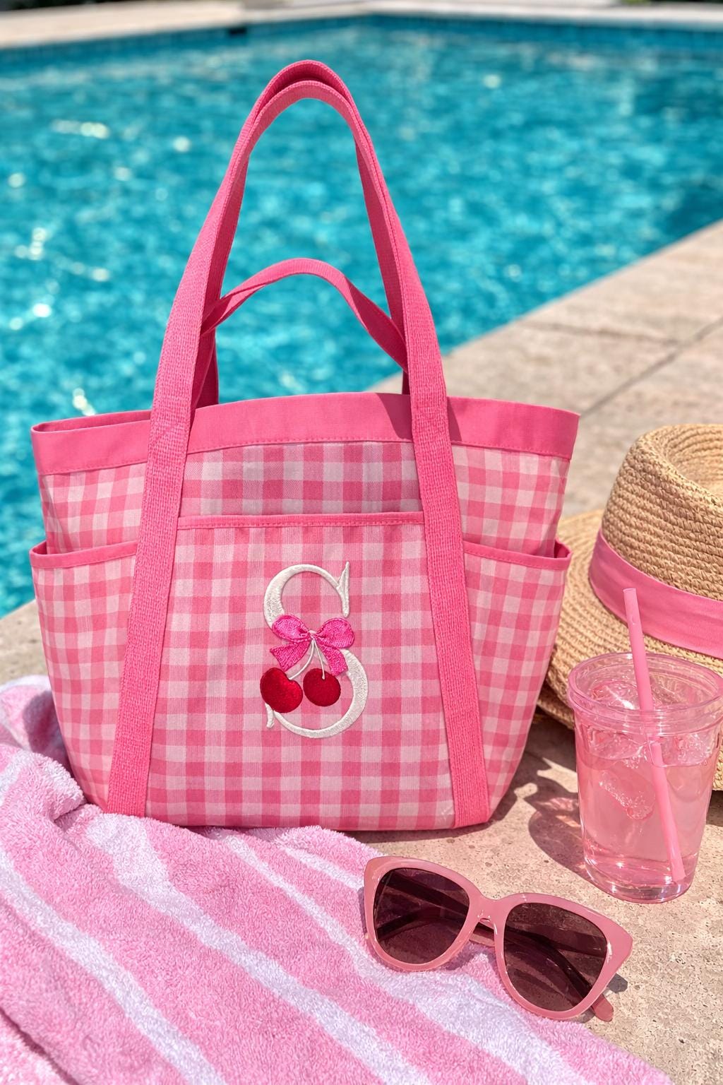 Personalized Cherry Monogram Tote Bag, Pink Gingham Beach Pool Bag
