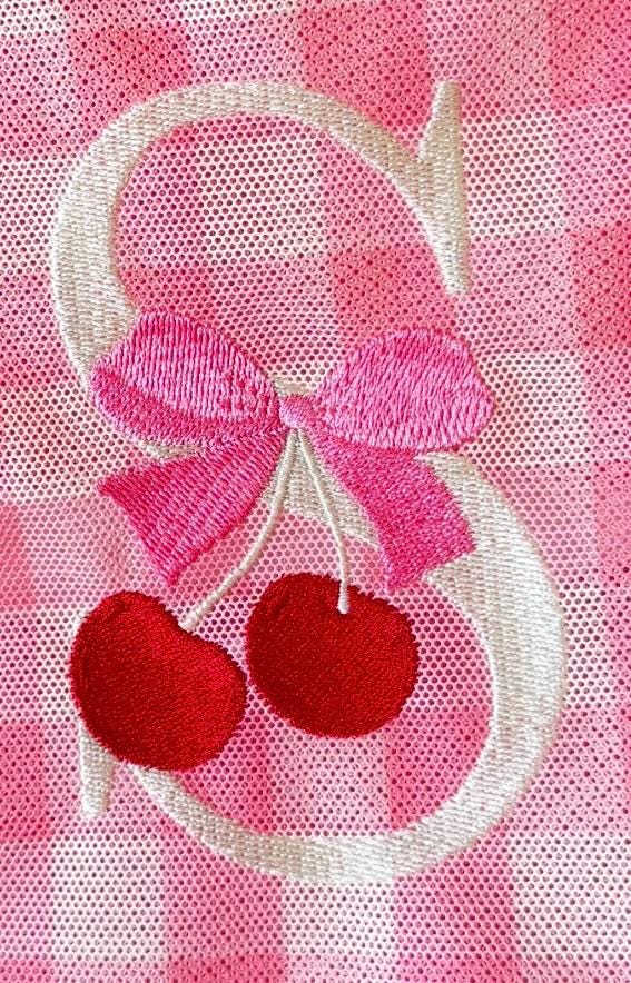 Personalized Cherry Monogram Tote Bag, Pink Gingham Beach Pool Bag