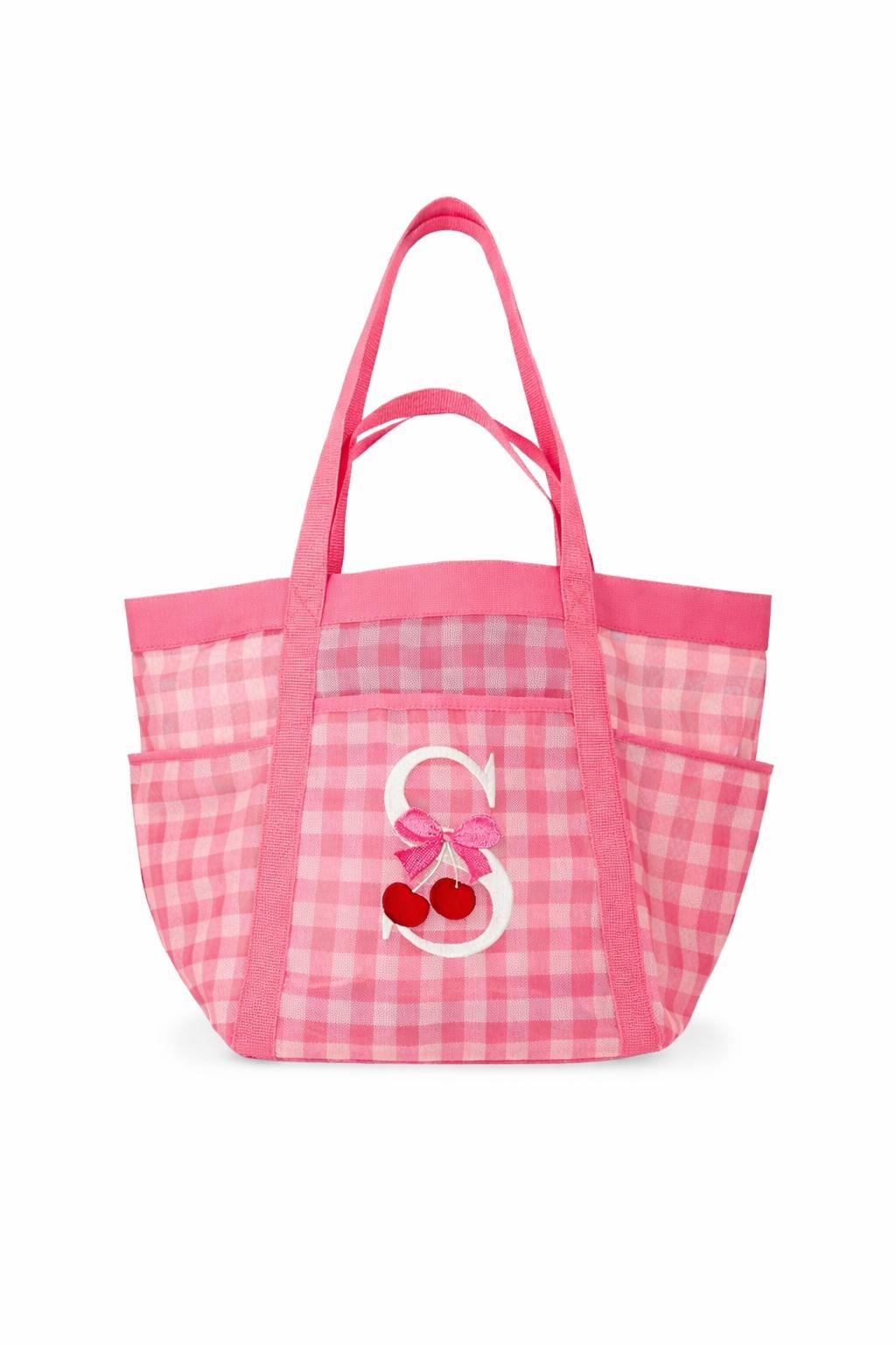 Personalized Cherry Monogram Tote Bag, Pink Gingham Beach Pool Bag