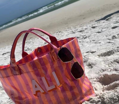 Personalized Striped Tote Bag | Custom Monogram Beach Bag, Water-Resistant Vinyl, Summer Vacation Carry-On