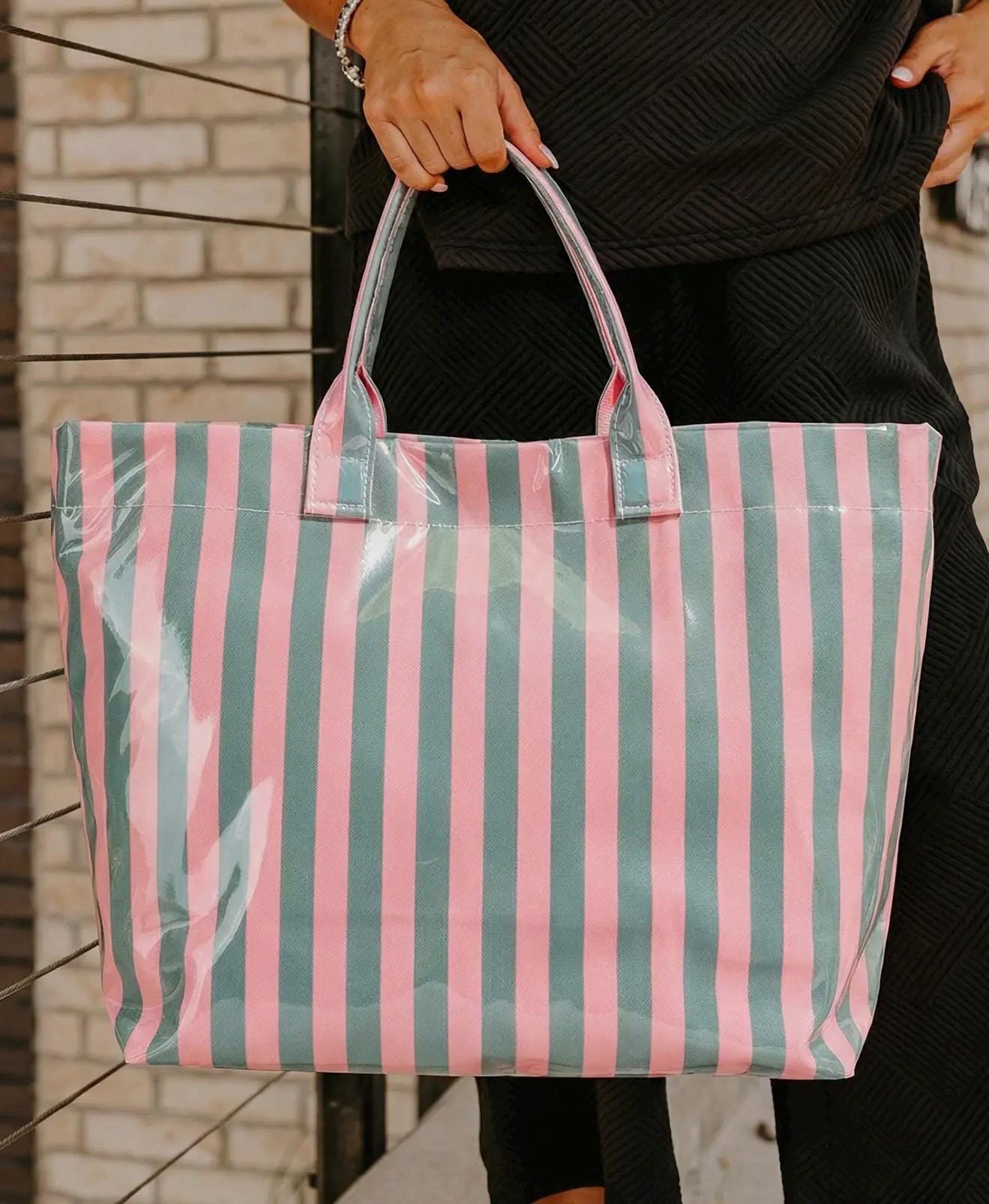 Personalized Striped Tote Bag | Custom Monogram Beach Bag, Water-Resistant Vinyl, Summer Vacation Carry-On