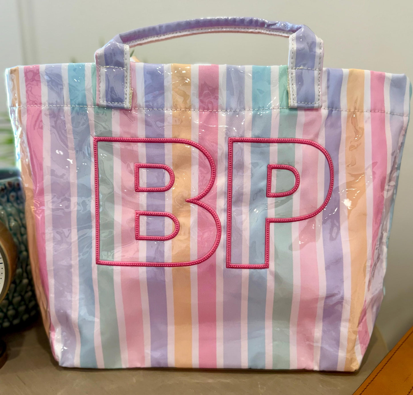 Personalized Pastel Stripe Tote Bag | Monogram Beach Bag, Wipeable Canvas