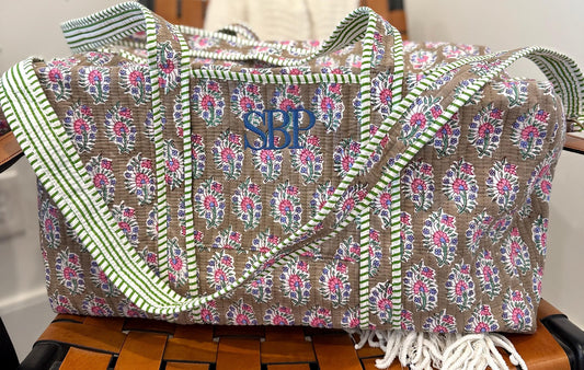 Floral Quilted Duffle Bag | Personalized Monogram Weekender Tote, Travel Carry On