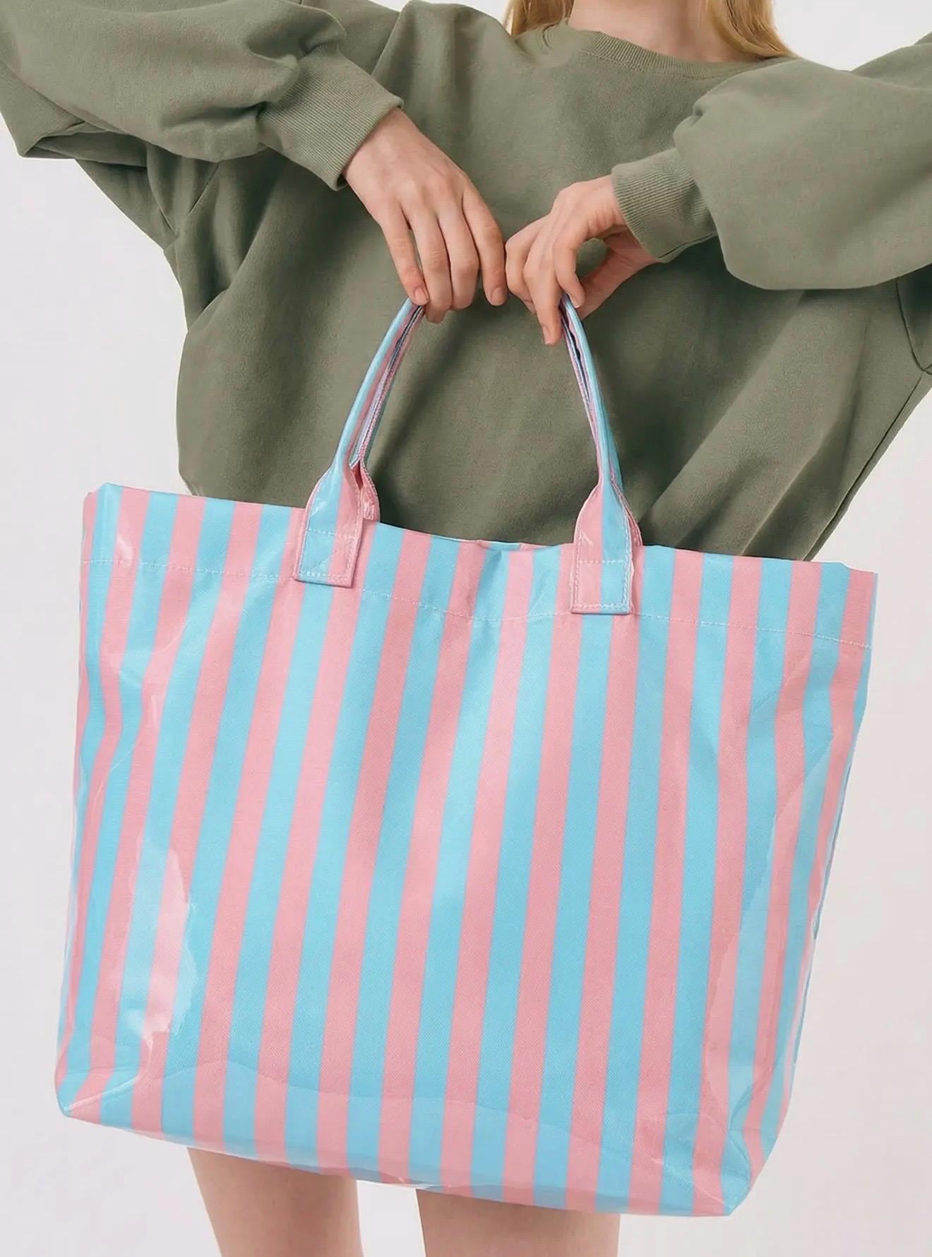 Personalized Striped Tote Bag | Custom Monogram Beach Bag, Water-Resistant Vinyl, Summer Vacation Carry-On