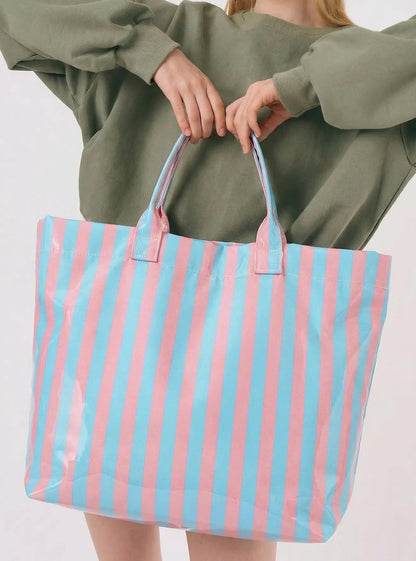 Personalized Striped Tote Bag | Custom Monogram Beach Bag, Water-Resistant Vinyl, Summer Vacation Carry-On