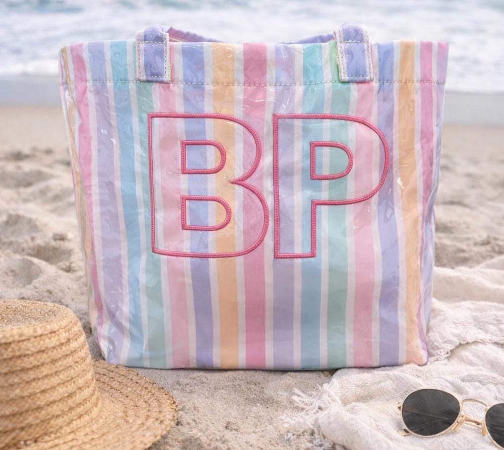 Personalized Pastel Stripe Tote Bag | Monogram Beach Bag, Wipeable Canvas
