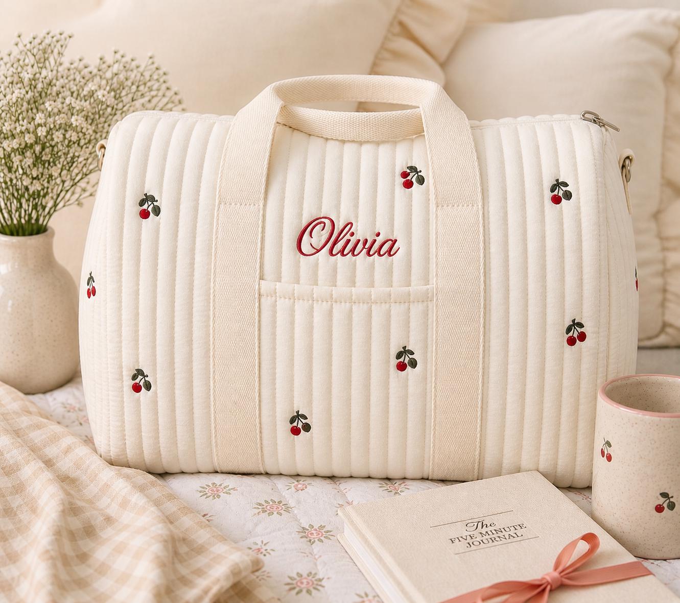 Personalized Quilted Duffle Bag Set | Custom Embroidered Weekender, Pouch, Tote