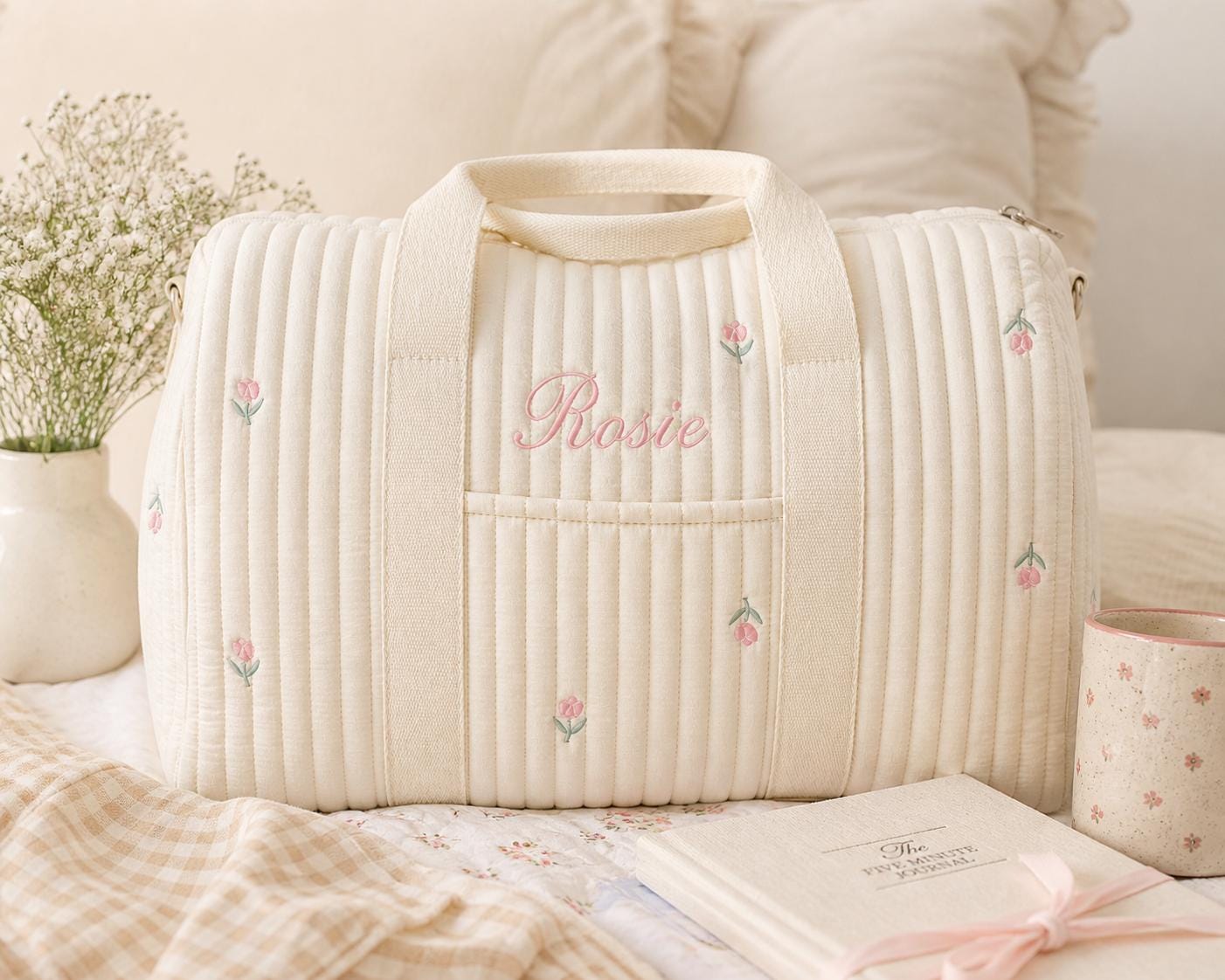 Personalized Quilted Duffle Bag Set | Custom Embroidered Weekender, Pouch, Tote
