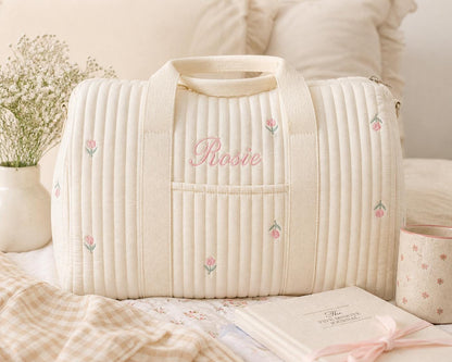 Personalized Quilted Duffle Bag Set | Custom Embroidered Weekender, Pouch, Tote