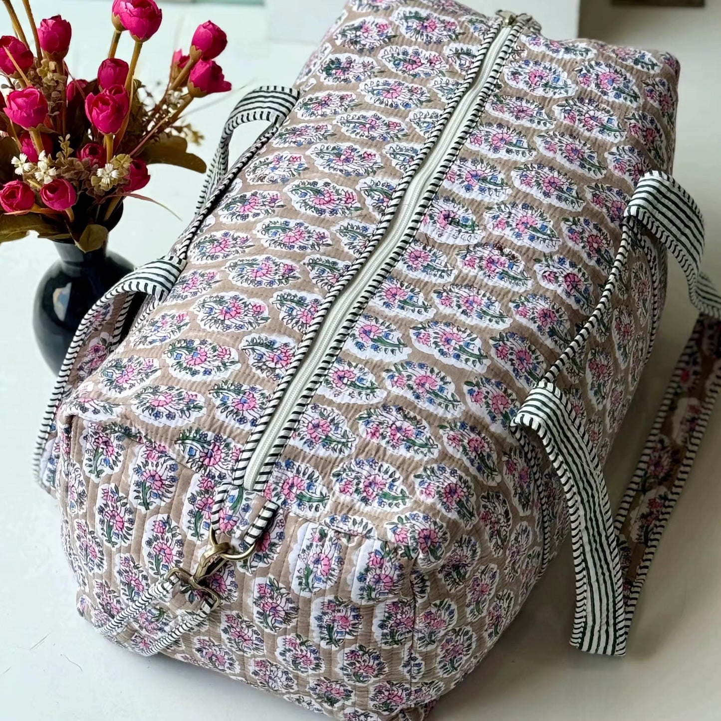 Floral Quilted Duffle Bag | Personalized Monogram Weekender Tote, Travel Carry On