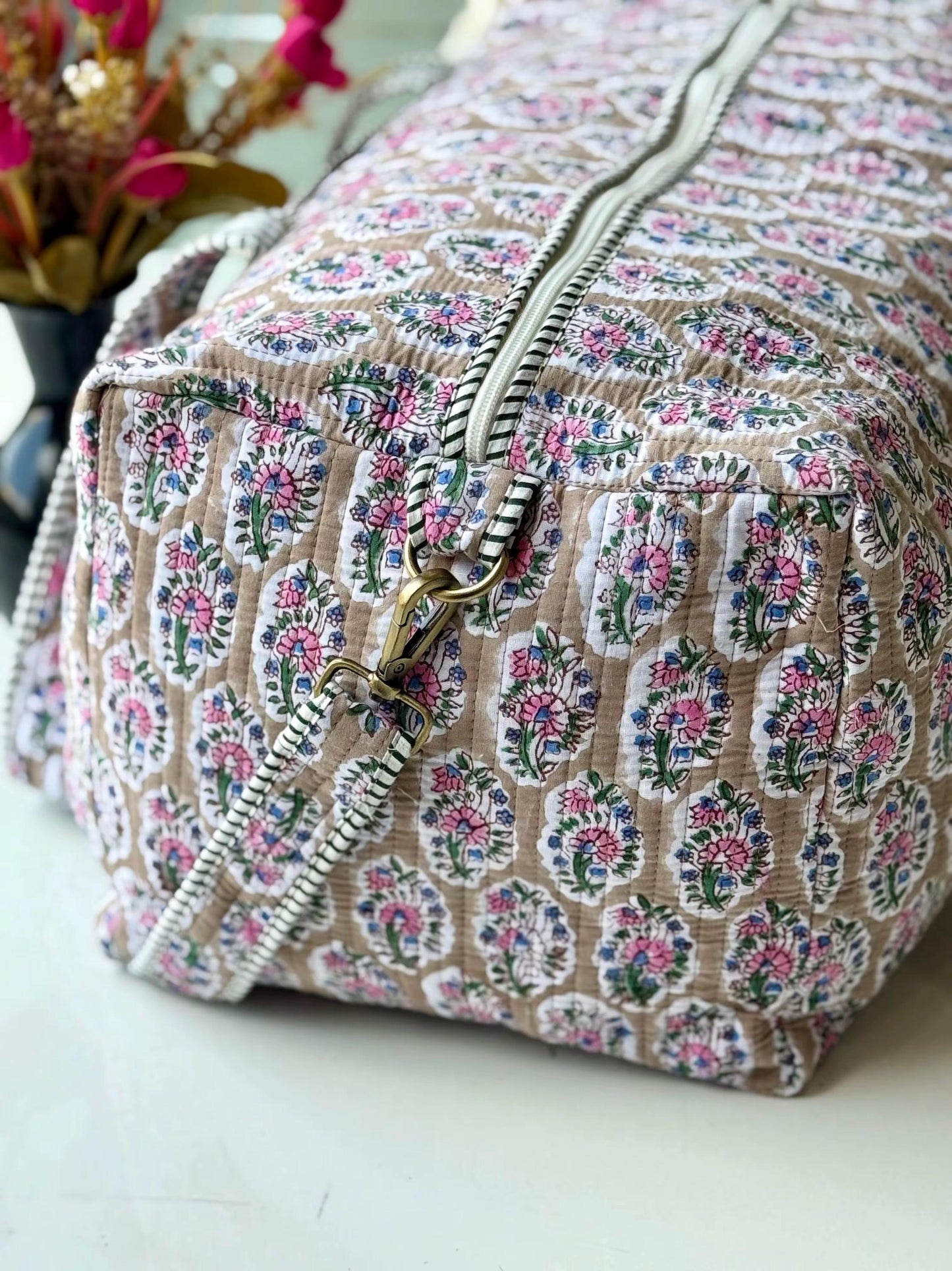 Floral Quilted Duffle Bag | Personalized Monogram Weekender Tote, Travel Carry On