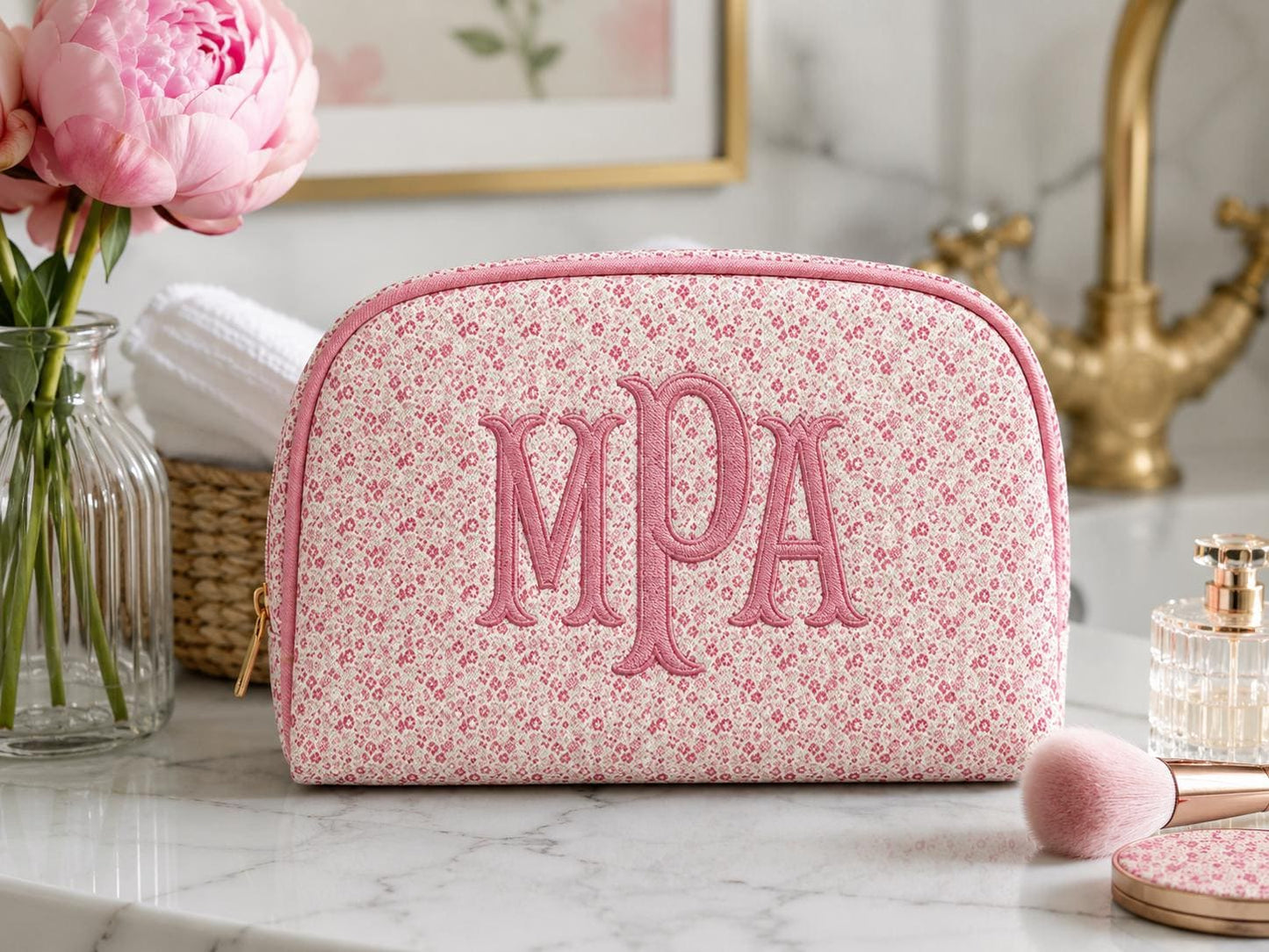 Personalized Pink Floral Makeup Bag | Custom Embroidered Cosmetic Pouch, Bridesmaid Gift