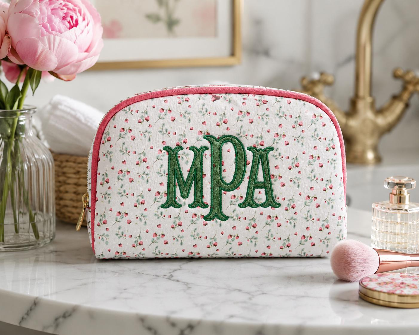 Personalized Pink Floral Makeup Bag | Custom Embroidered Cosmetic Pouch, Bridesmaid Gift