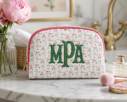 Personalized Pink Floral Makeup Bag | Custom Embroidered Cosmetic Pouch, Bridesmaid Gift