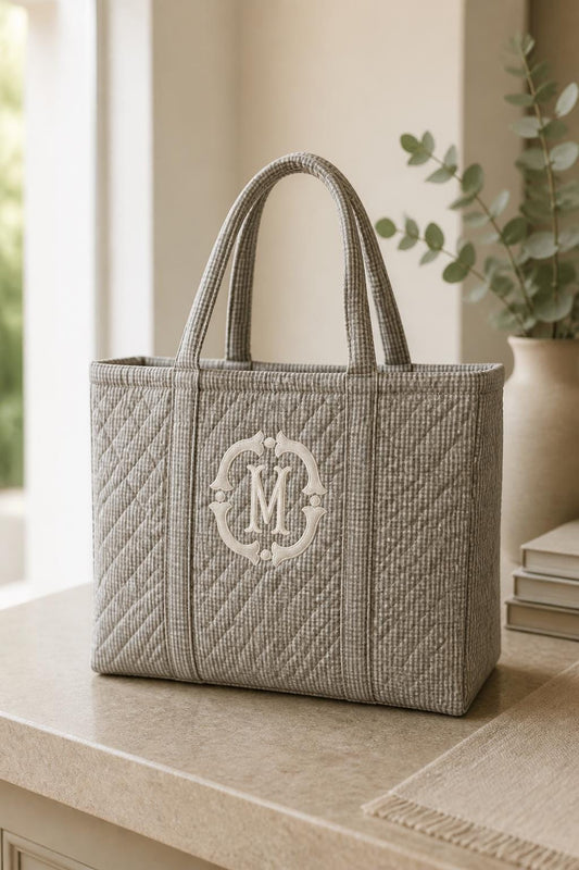 Personalized Quilted Cotton Tote Bag | Monogrammed Gingham Everyday Carryall