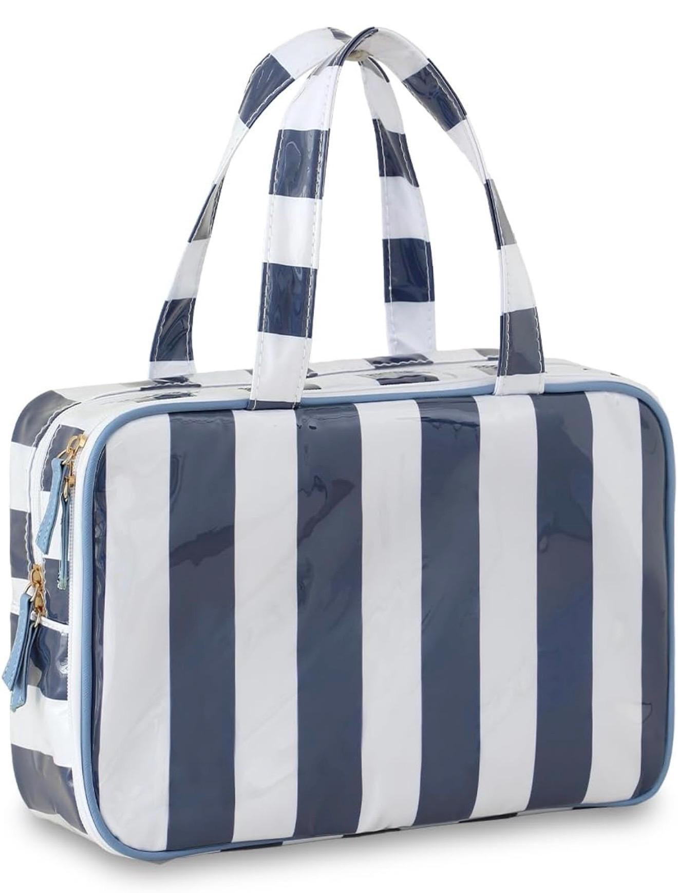Personalized Pink Stripe Cosmetic Bag | Monogram Travel Makeup Organizer