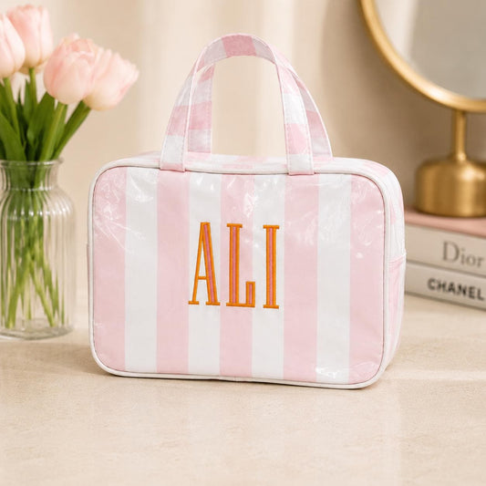 Personalized Pink Stripe Cosmetic Bag | Monogram Travel Makeup Organizer