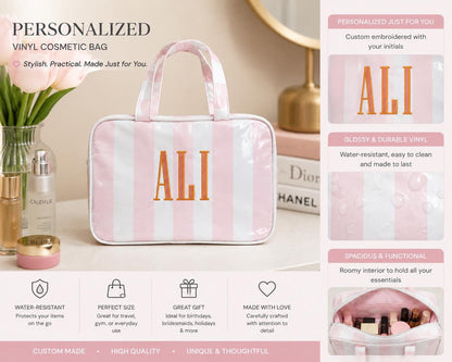 Personalized Pink Stripe Cosmetic Bag | Monogram Travel Makeup Organizer