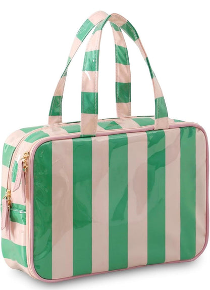 Personalized Pink Stripe Cosmetic Bag | Monogram Travel Makeup Organizer