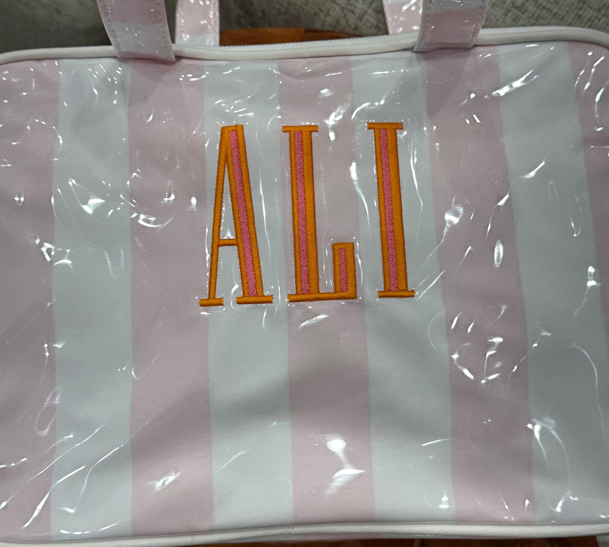 Personalized Striped Vinyl Cosmetic Bag & Travel Organizer