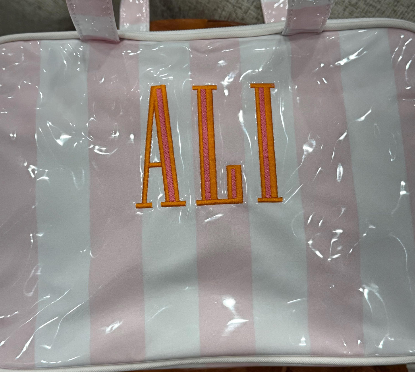 Personalized Pink Stripe Cosmetic Bag | Monogram Travel Makeup Organizer