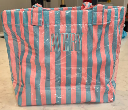Personalized Striped Tote Bag | Custom Monogram Beach Bag, Water-Resistant Vinyl, Summer Vacation Carry-On