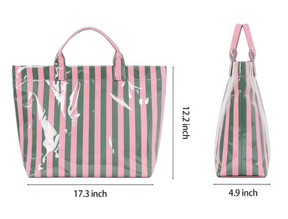 Personalized Striped Tote Bag | Custom Monogram Beach Bag, Water-Resistant Vinyl, Summer Vacation Carry-On