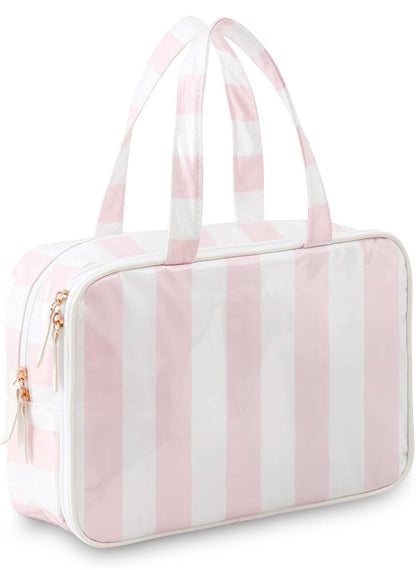 Personalized Pink Stripe Cosmetic Bag | Monogram Travel Makeup Organizer