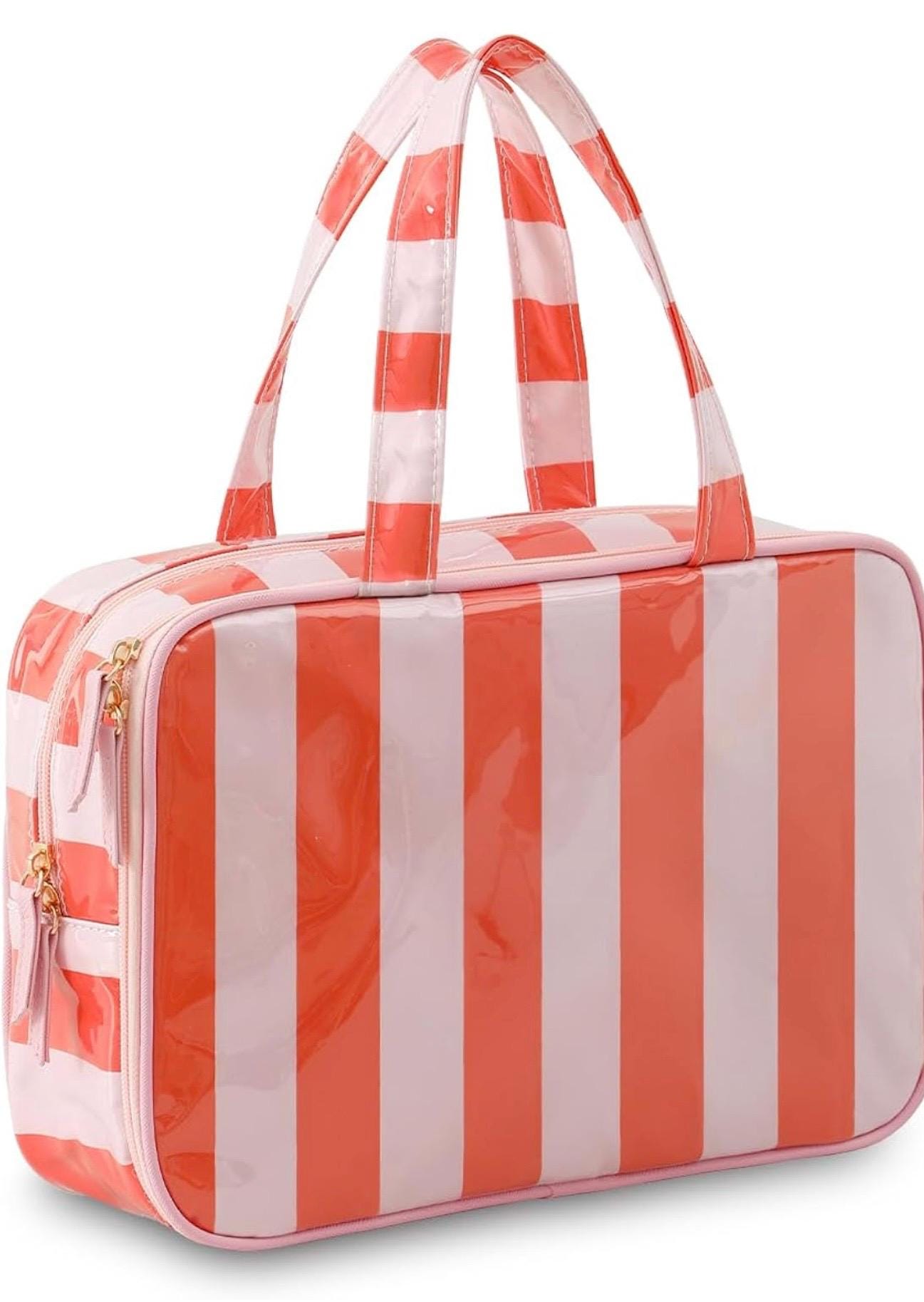 Personalized Pink Stripe Cosmetic Bag | Monogram Travel Makeup Organizer