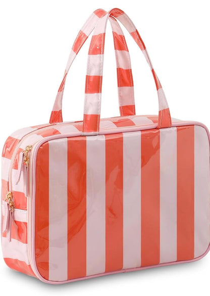 Personalized Pink Stripe Cosmetic Bag | Monogram Travel Makeup Organizer