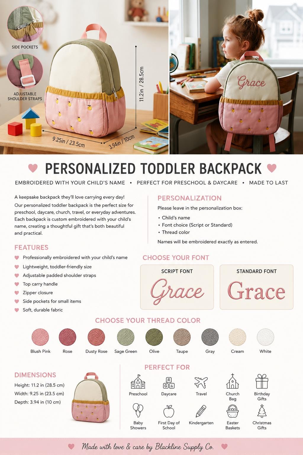 Personalized Toddler Backpack | Embroidered Kids Preschool Daycare Bag