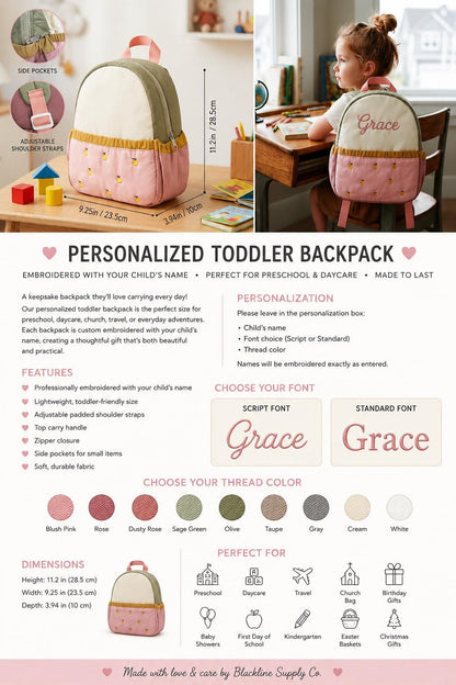 Personalized Toddler Backpack | Embroidered Kids Preschool Daycare Bag
