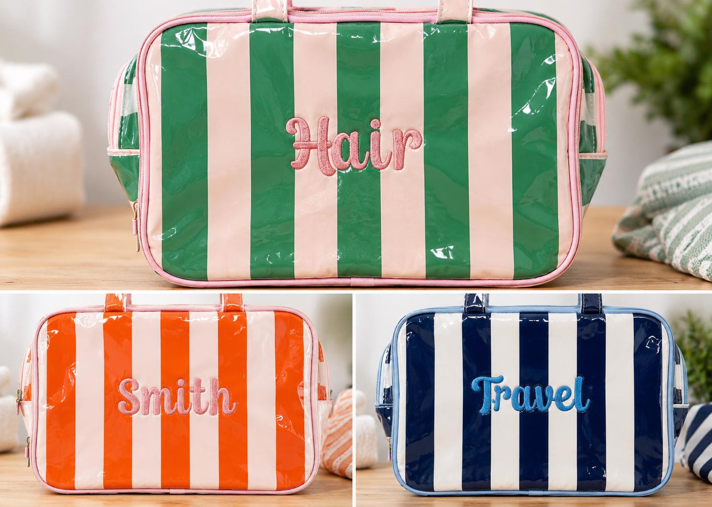 Personalized Pink Stripe Cosmetic Bag | Monogram Travel Makeup Organizer