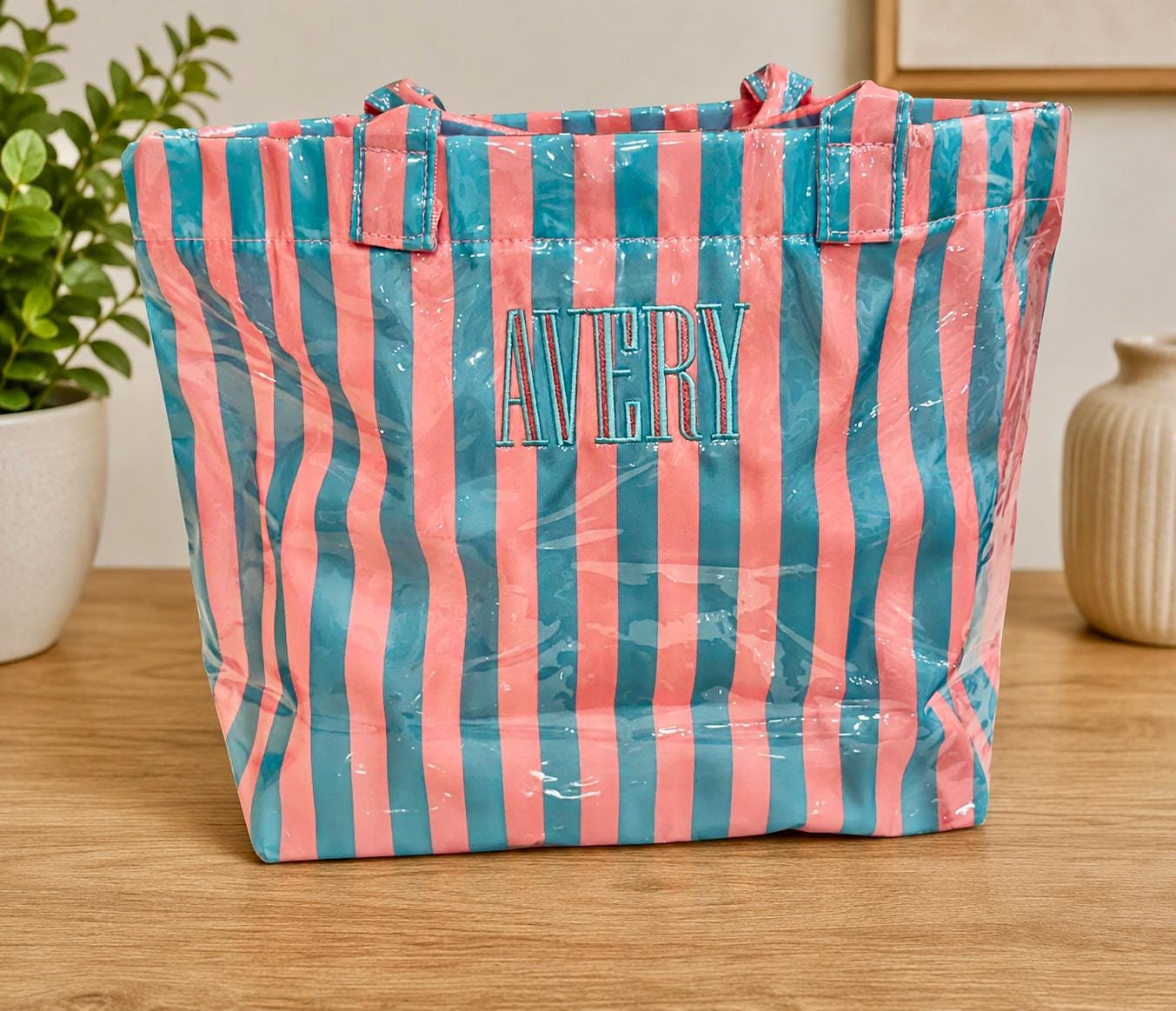 Personalized Pastel Stripe Tote Bag | Monogram Beach Bag, Wipeable Canvas