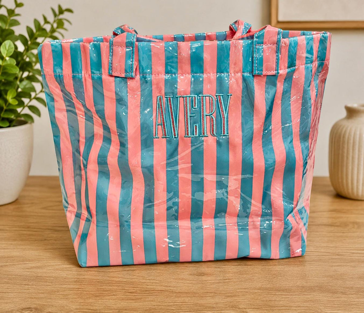 Personalized Pastel Stripe Tote Bag | Monogram Beach Bag, Wipeable Canvas