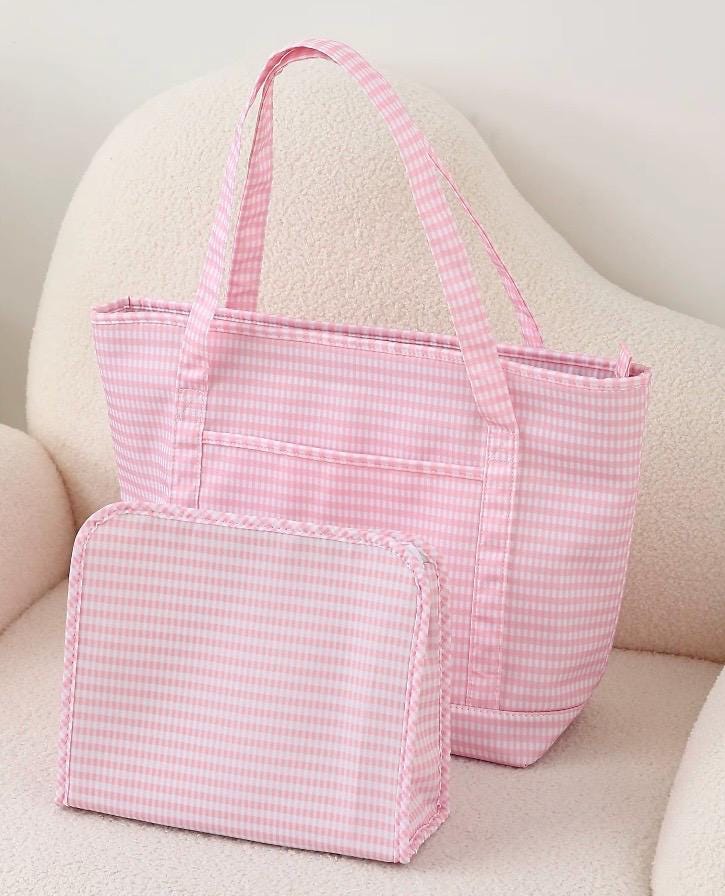 Personalized Gingham Tote Bag and Pouch Set, Embroidered Monogram Bag, Bridesmaid Gift