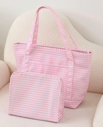 Personalized Gingham Tote Bag and Pouch Set, Embroidered Monogram Bag, Bridesmaid Gift