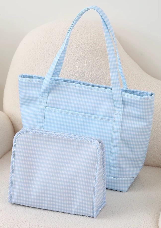 Personalized Gingham Tote Bag and Pouch Set, Embroidered Monogram Bag, Bridesmaid Gift