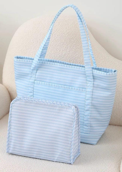 Personalized Gingham Tote Bag and Pouch Set, Embroidered Monogram Bag, Bridesmaid Gift