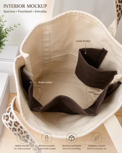 Personalized Canvas Tote Bag | Monogrammed Everyday Carryall | Leopard Strap Detail