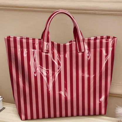 Personalized Striped Tote Bag | Custom Monogram Beach Bag, Water-Resistant Vinyl, Summer Vacation Carry-On