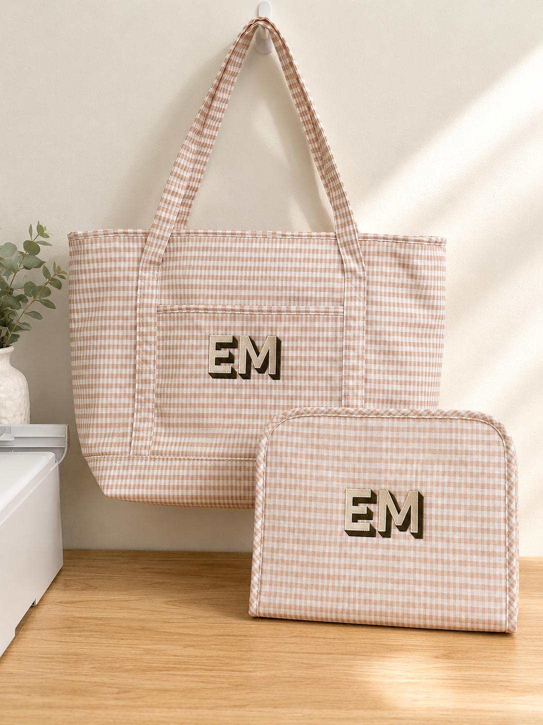 Personalized Gingham Tote Bag and Pouch Set, Embroidered Monogram Bag, Bridesmaid Gift