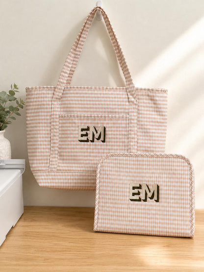 Personalized Gingham Tote Bag and Pouch Set, Embroidered Monogram Bag, Bridesmaid Gift