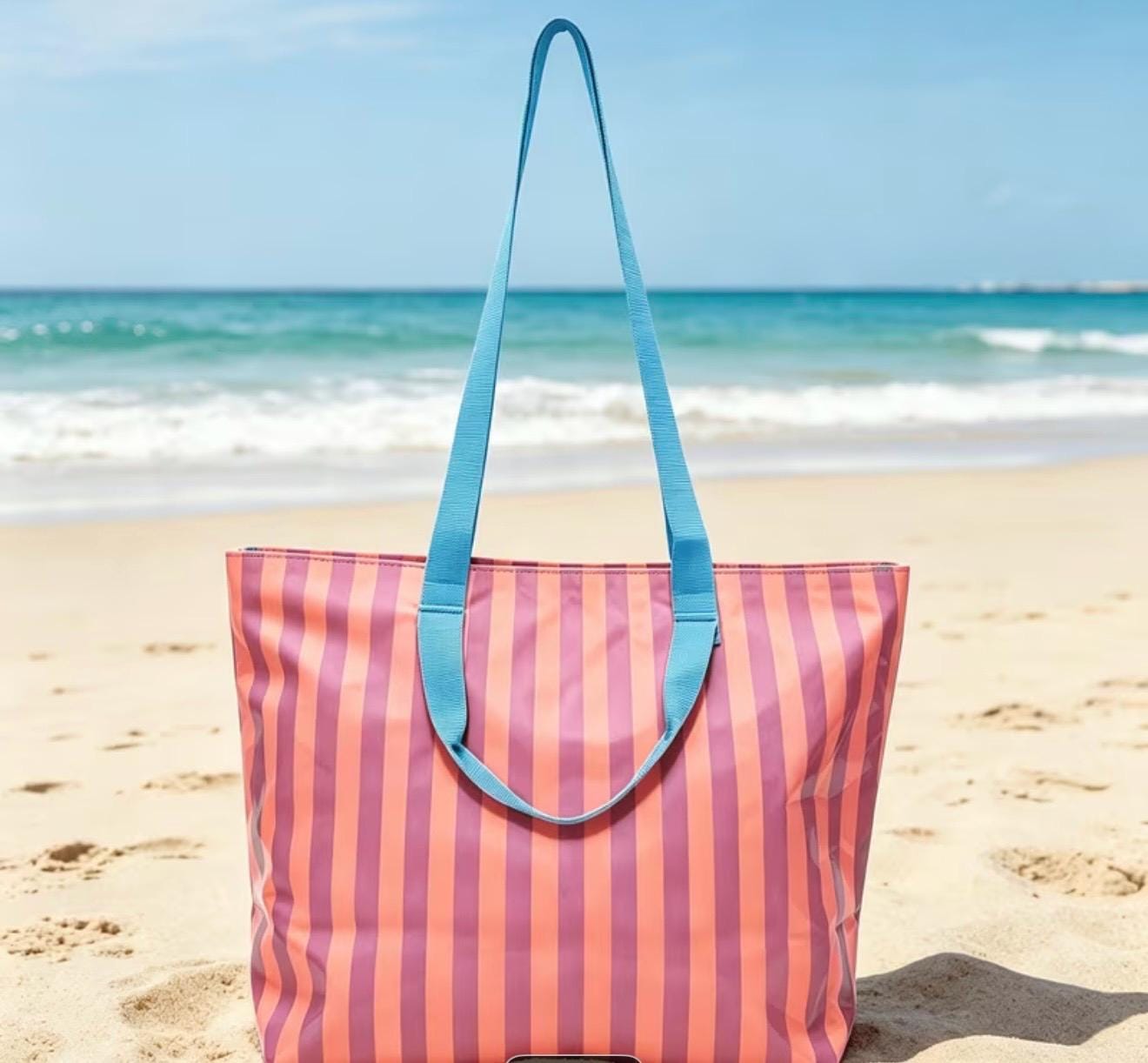 Personalized Striped Tote Bag | Custom Monogram Beach Bag, Water-Resistant Vinyl, Summer Vacation Carry-On