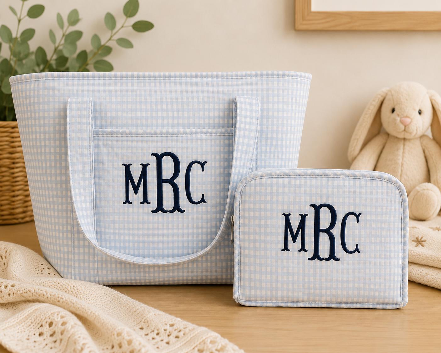 Personalized Gingham Tote Bag and Pouch Set, Embroidered Monogram Bag, Bridesmaid Gift