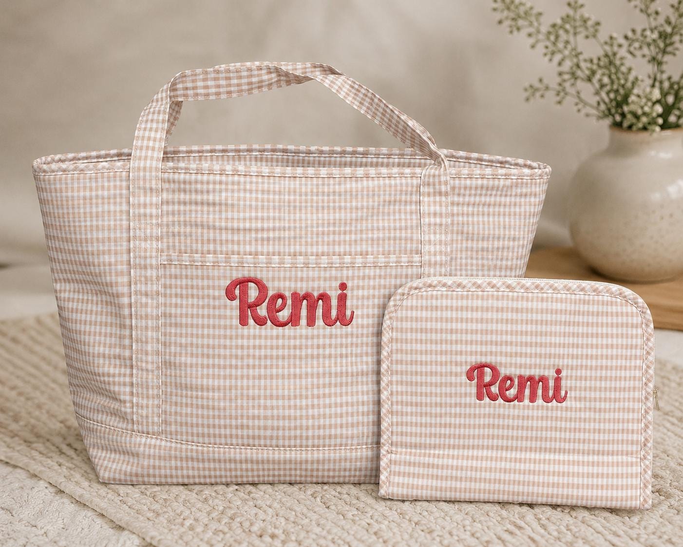 Personalized Gingham Tote Bag and Pouch Set, Embroidered Monogram Bag, Bridesmaid Gift