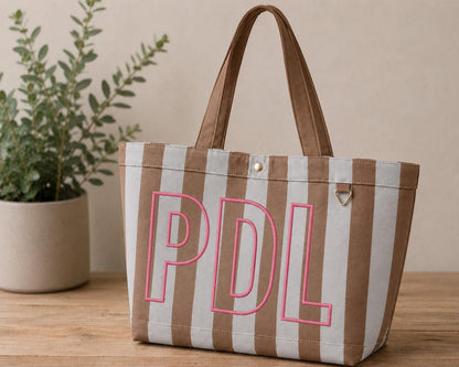 Large Personalized Initial Striped Canvas Tote Bag | Embroidered Monogram Beach Travel Carryall | Viral stripe canvas tote bag