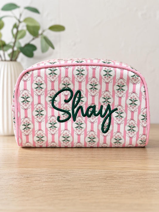 Personalized Pink Floral Makeup Bag | Custom Embroidered Cosmetic Pouch, Bridesmaid Gift