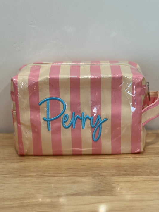 Personalized Striped Makeup Bag | Custom Embroidered Cosmetic Pouch | Travel Organizer